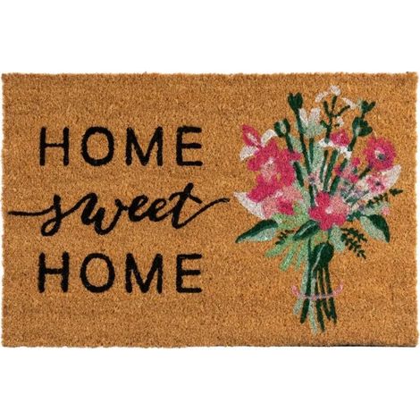 Tapis de porte Home Sweet Home en noix de coco avec bouquet de fleurs 60x40 cm (1/5)