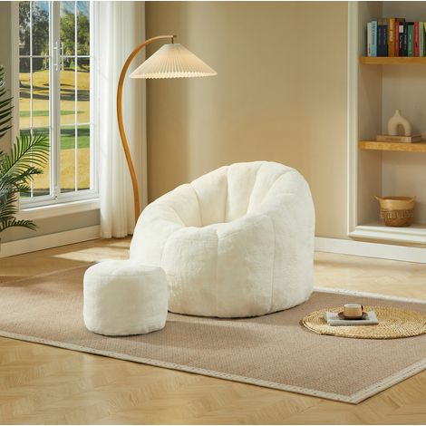 Sillón puff de flores (105x105x70 cm), con reposapiés, acolchado, tejido de felpa, blanco roto (1/5)