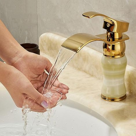 Golden waterfall faucet, fine spout, single-hole basin mixer tap, G1/2 brass wardrobe faucet with inlet pipe (1/5)