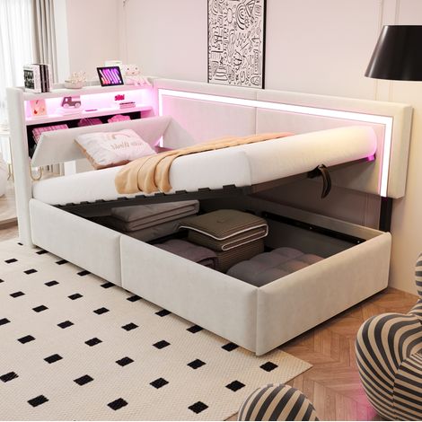Sofá cama 90x200 cm beige en terciopelo con LED, USB y almacenaje hidráulico (1/5)