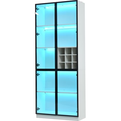 Vitrina alta 80 x 35 x 200 cm blanca con puertas de cristal, LED y botellero (1/5)