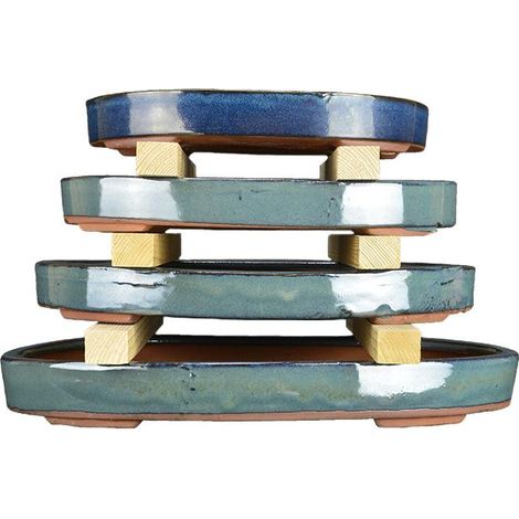 Vasi per bonsai ovali in gres smaltati verde e blu (Set da n.4 pezzi) - O10