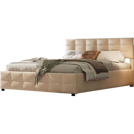Lit capitonné 180 x 200 cm avec sommier à lattes et coffre de rangement, velours hollandais beige, relevage hydraulique, pour petite chambre  CHICFURN (1/5)