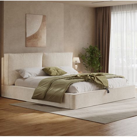 Lit double moderne en velours côtelé beige 180x200 cm avec tête de lit rembourrée, sommier à lattes et coffre hydraulique