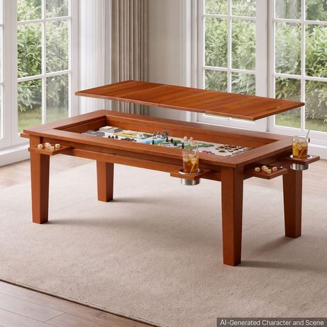 Table Basse de Jeux de Société Convertible 1,2x0,6x0,45 m pour 4 Joueurs, avec Plateau Amovible, Tapis de Jeu, 4 Porte-Gobelets, Tablettes Coulissantes, en Bois Massif, Capacité de Charge 136 kg (1/5)
