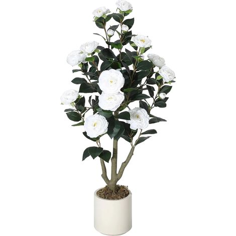 Albero di camelia artificiale, design realistico, bassa manutenzione, bianco, 90 cm (1/2)
