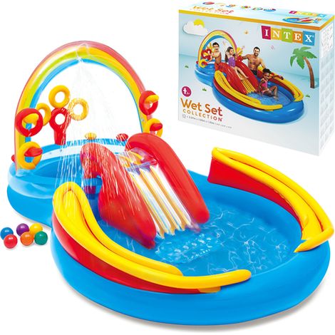 Aire de jeux aquatiques gonflable arc-en-ciel avec toboggan et fontaine (1/5)