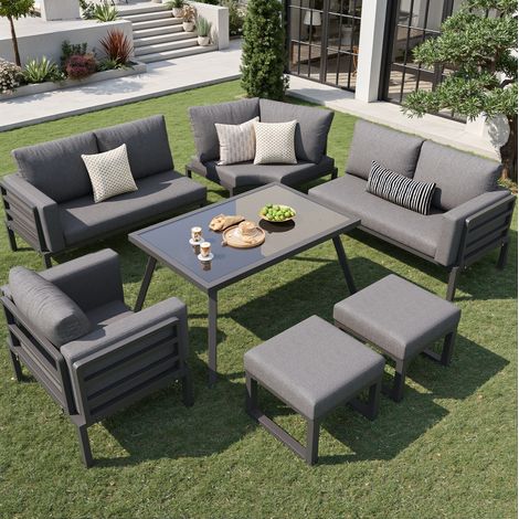 Tumbonas sofá de jardín de hierro gris para 8 personas con mesa de cristal, sillón, 2 taburetes y cojines de 8 cm (1/5)