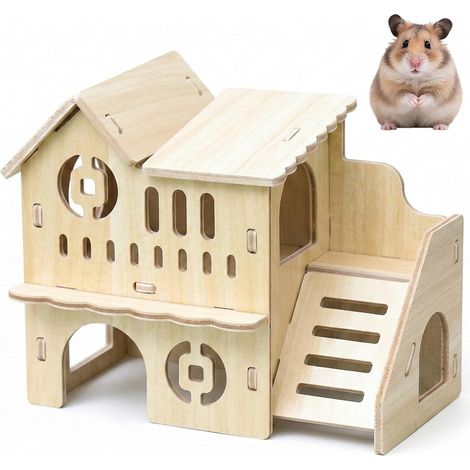 Rabbit Hut, Guinea Pig House, Rabbit Hideout, Natural Wood Hamster House, Double Floor Villa with Nest and Shelter for Small Rodents and Pets, Cage Decor (1/5)