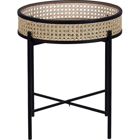 Beliani – Table d'appoint ronde en métal noir et rotin clair – Plateau amovible 36 cm – Style boho moderne – Facile à entretenir
