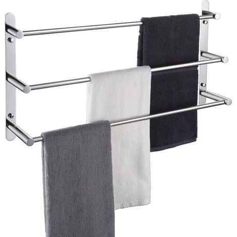 Barre de serviette de bain à 3 niveaux avec crochet, support mural en acier inoxydable de 61 cm pour salle de bain, porte-serviettes avec finition brossée (1/5)