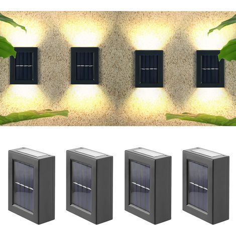 Lot de 4 lampes solaires d'extérieur IP65 étanches à LED avec marche/arrêt automatique, applique murale extérieure solaire pour escaliers extérieurs, cour, blanc chaud, 20240201TUN (1/5)