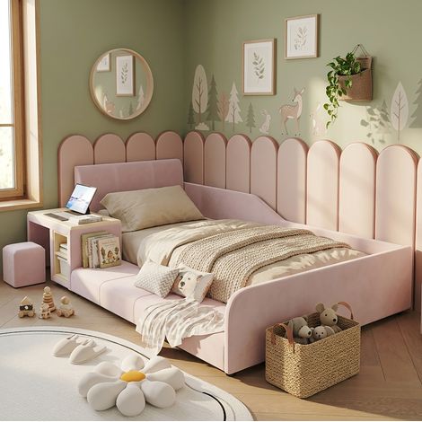 Cama infantil tapizada 90x200 cm, terciopelo rosa, cabecero acolchado, escritorio, taburete y estante de almacenamiento (1/5)