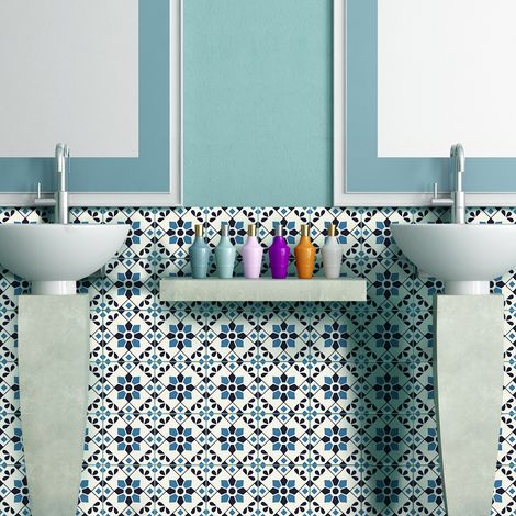 Sticker Mural Carrelage adhésif Cuisine Salle de Bain - 30 STICKERS CARREAUX DE CIMENT AZULEJOS ONDINA - 30stickers10x10cm (1/5)