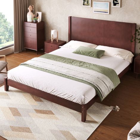 Lit double 160x200 cm - Avec tête de lit - Avec esommier à lattes en bois massif - MDF + Pin - Marron (Matelas non inclus) (1/5)