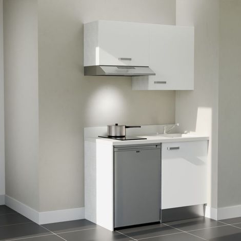 Kitchenette K01L - 120 cm - plan monobloc évier intégré Snova- évier à droite - Façades Blanc + Electroménager inclus coloris Inox (1/5)