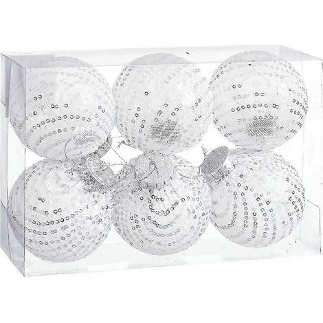 Boules de Noël blanches et argentées en plastique et tissu à paillettes, 8 x 8 x 8 cm (6 unités) (1/2)