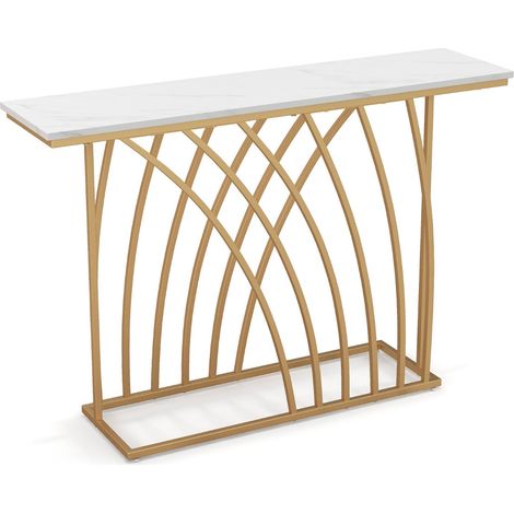 Tavolo consolle dal design geometrico 120 x 30 x 80 cm con ampio spazio di archiviazione stile moderno realizzato in MDF bianco e oro 200019252
