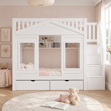 Etagenbett 90/200 cm bianco con scala contenitore, letto casetta e ripiani (1/5)