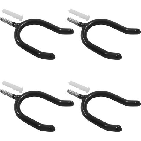 Cuatro ganchos en forma de U con fijación mediante tornillos, ganchos multiusos de pared, de color negro, adecuados para garajes, estudios y herramientas de jardín. (1/5)
