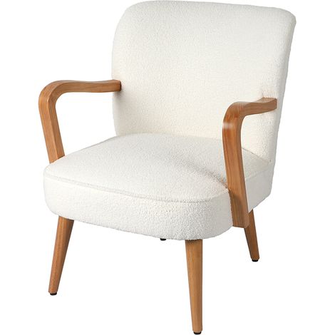 Atmosphera – Fauteuil en bois et tissu bouclette écru – Dimensions 63x70x79 cm – Assise rembourrée pour confort – Accoudoirs en bois naturel (1/3)