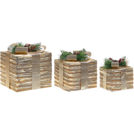 Set di 3 scatole regalo decorative natalizie con luci LED bianche calde, fiocchi e decorazioni festive per interni, colore oro Tofte (1/5)