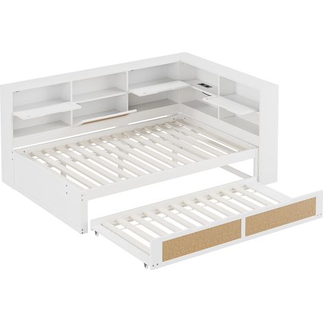 Lit multifonction 140 x 200 cm blanc avec lit gigogne, ports USB et rangements (1/5)