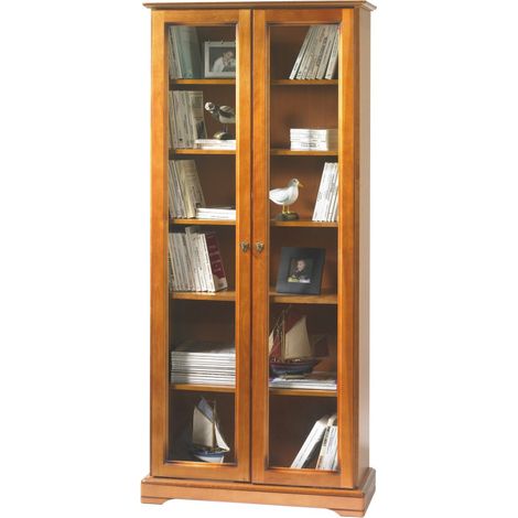Beaux Meubles Pas Chers – Bibliothèque vitrée merisier 2 portes – 5 tablettes réglables – Dimensions L 82.4 H 182.2 P 33 cm – Quincaillerie métal doré vieilli (1/5)