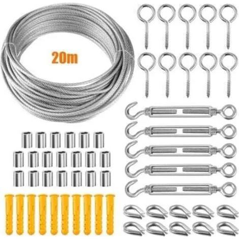 Kit de fixation pour auvent, kit de fixation pour voile d'ombrage avec câble de 20 m, kit de fixation en acier inoxydable pour jardin (1/3)