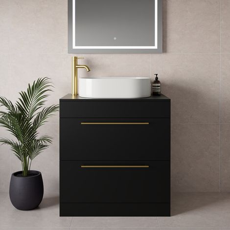 Napoli 460 Matt Black 800mm 2 Drawer Vanity Unit for Countertop Basins - 800mm - Brushed Brass 480mm Handle
