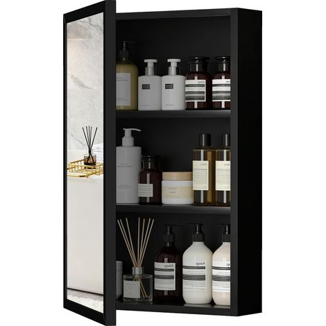 Armoire miroir de salle de bain armoire murale armoire à glace avec 1 porte et 2 étagères en acier 40 x 12 x 60 cm noir (1/5)
