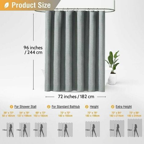Rideau de douche extra long 180 x 240 cm, grand rideau de douche en tissu texturé en lin avec 12 crochets en plastique, grands rideaux de douche en tissu polyester classique pour salle de bain, (1/4)