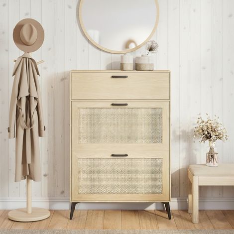 Mobile per scarpe in rattan, stile rustico, colore legno chiaro, con 2 porte e 1 cassetto di stoccaggio, per 12 paia di scarpe
