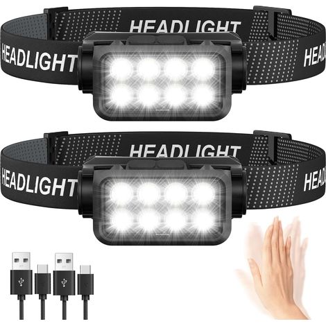 2er-Pack wiederaufladbare LED-Stirnlampe, superhell, 2500 Lumen, 5 Beleuchtungsmodi, leicht, IPX6 wasserdicht, leichter Sensor, für Outdoor, Camping, Laufen, Angeln, [Energieklasse A+++] (1/5)