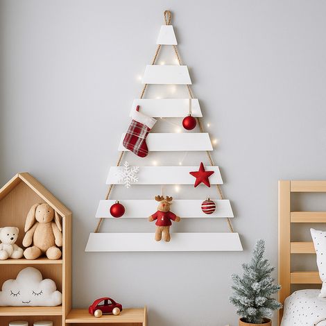 Weihnachtsbaum Adventskalender mit 24 Plätzen in weiß Deko-Holzleiter in Weihnachtsbaum-Form zum Aufhängen Tannenbaum Leiter (1/5)