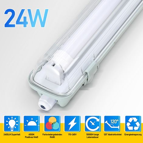 Wolketon Striscia LED impermeabile per tubi LED T8, grado di protezione IP65, 150 cm, 1 x 24 W, bianco freddo