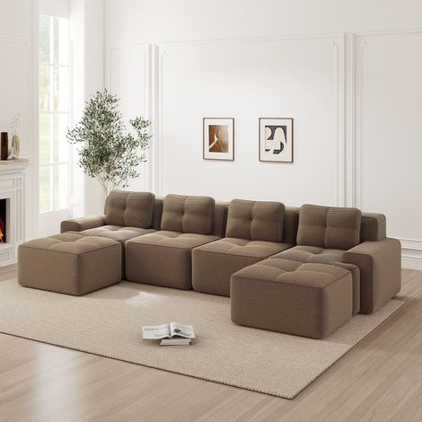 Canapé modulable en U 4 places, velours côtelé, assise profonde, marron (1/5)