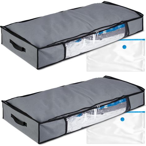 Relaxdays Set 2 Organizadores Ropa Bajo Cama, 2 Bolsas Vacío, Funda Almacenaje Sábanas, Mantas, 15 x 100 x 45 cm, Gris