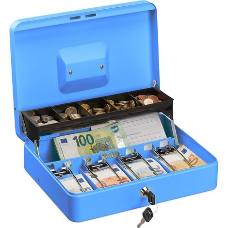 Caisse à Monnaie, verrouillable, Compartiments pour pièces et Billets, Fer, HLP 8,5 x 30,5 x 24,5 cm, Bleu (1/5)