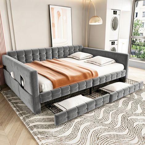 Canapé-lit capitonné velours gris 140x190 cm motif carreaux, lit double d'appoint avec rangements latéraux et deux tiroirs sous le lit (sans Matelas) (1/5)