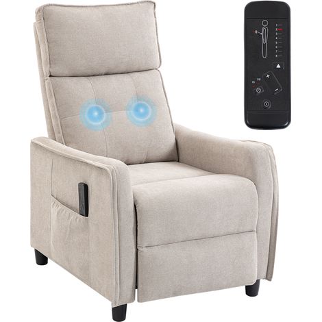 HOMCOM sillón de masaje reclinable 160° con mando a distancia, reposapiés, 2 zonas de masaje, asiento de muelles, bolsillos, tapizado en lino, crema