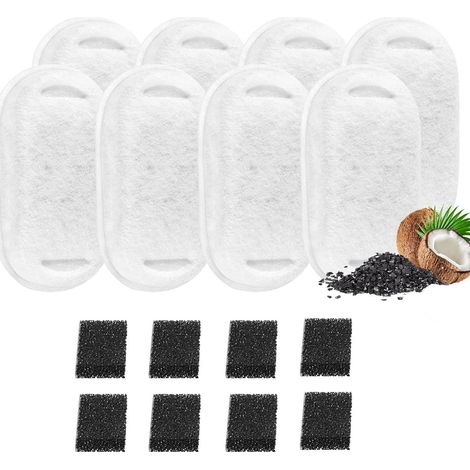 Cartouches filtrantes pour fontaines à eau (à rail) — Lot de 8 + 8 Filtres à charbon actif pour fontaines à eau pour chats Coton filtrant universel modèle 830 (1/5)