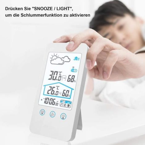 Station météo sans fil avec capteur pour intérieur/extérieur, prévisions météo avec alerte, températures et réveil (1/4)