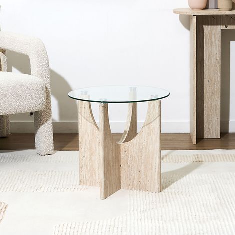 Table d'appoint - HOME DECO FACTORY - Pietra - Ronde - Verre - Blanc et Beige (1/5)