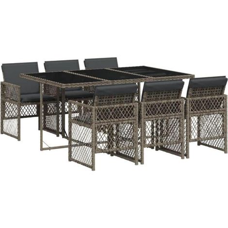 Essgruppe Garten 7 TLG Poly Rattan 6 Stühle Kissen Glas Grau (1/5)