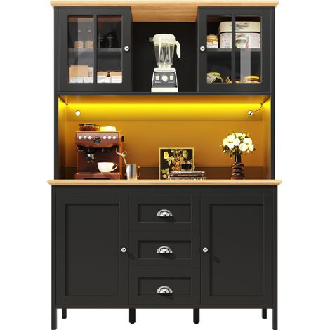 Armoire latérale, armoire de rangement, armoire de cuisine, buffet haut avec éclairage LED, 120 x 40x179 cm, 4 portes et 3 tiroirs, blanc/noir (1/5)