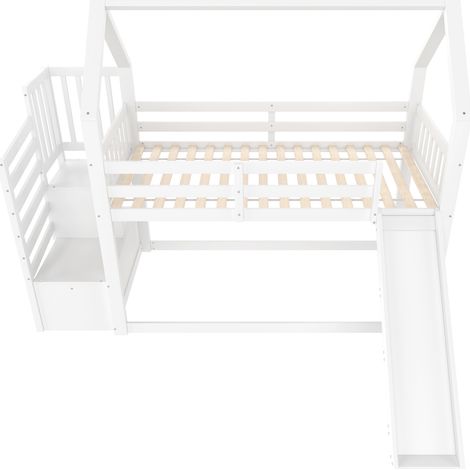 Lit mezzanine enfant avec toboggan et escalier de rangement 90x200 cm blanc (1/5)