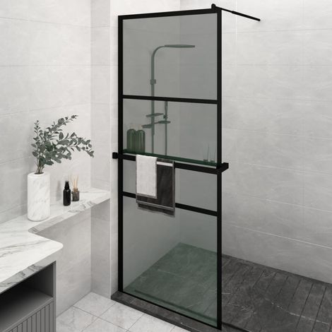 Mampara ducha con estante vidrio ESG y aluminio negro 80x195 cm