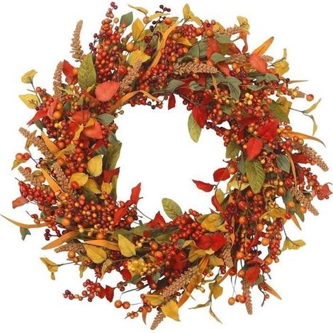 Couronne d'automne - Décorative - 45x45x7cm - Soie et Plastique - Pour extérieur - Couleurs mélangées Orange, Jaune, Rouge