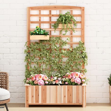 Jardinière en bois de sapin avec treillis pour plantes grimpantes, fleurs, légumes, pour jardin, balcon, terrasse, support de plantes, plate-bande surélevée en bois de sapin avec grille - 90 (1/5)
